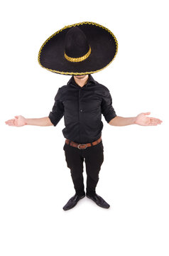 Funny man wearing mexican sombrero hat isolated on white