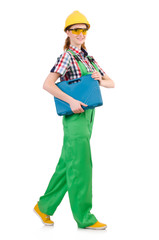 Woman with toolkit isolated on white