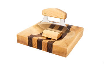 Ulu Knife on a Wooden Chopping Block Isolated