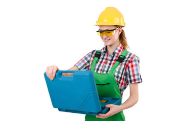 Woman with toolkit isolated on white