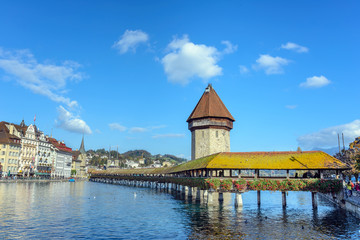 Landscape of the famous Chapel Bridge, Canton of Lucerne, Switzerland. Historic town of Lucerne
