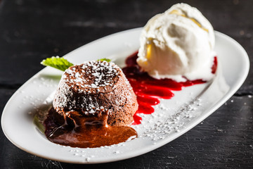 chocolate cake with ice cream