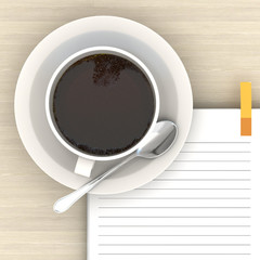 White cup of hot coffee and white sketch book on wood table