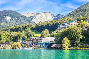 Naklejka premium View of the village at Wolfgangsee Lake