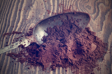 Cocoa powder on wood table.