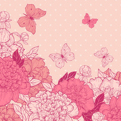 Fototapeta premium Card with peony and butterfly