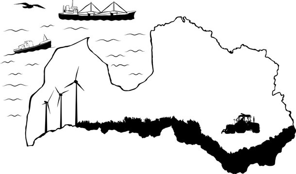 Map of Latvia with baltic sea. Fishing and cargo ships in water. Tractor and wind turbines on map
