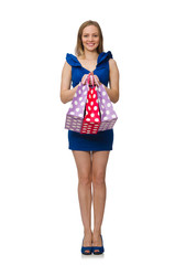 Woman with many shopping bags on white