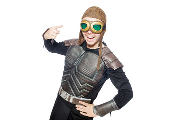 Funny pilot with goggles isolated on white