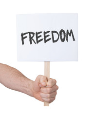 Hand holding sign, isolated on white