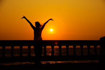 Fototapeta premium Silhouette of woman in sunny summer meadow - Stock Image