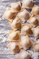 raw ravioli with flour on the table. Vertical top view