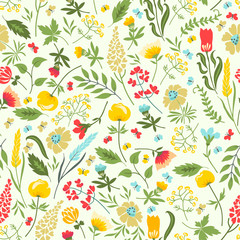 Seamless floral pattern with flowers and herbs