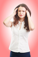 Fototapeta na wymiar Tired or ill with headache woman, isolated on red background