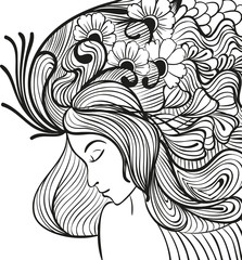 Doodle young woman with flowers in hair portrait