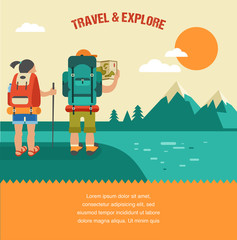 Vector vintage background with backpackers, forest, hills and