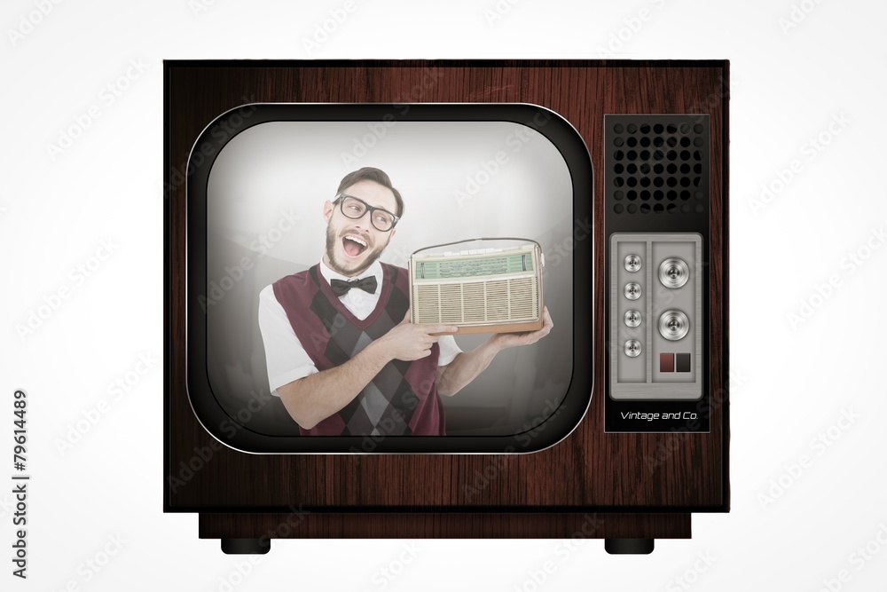 Aufkleber composite image of geeky hipster holding a retro radio
