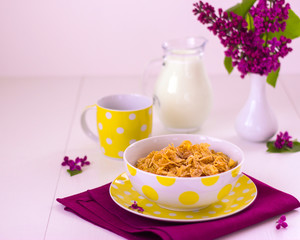 Breakfast including muesli and milk