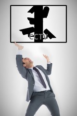 Composite image of stressed businessman with arms raised