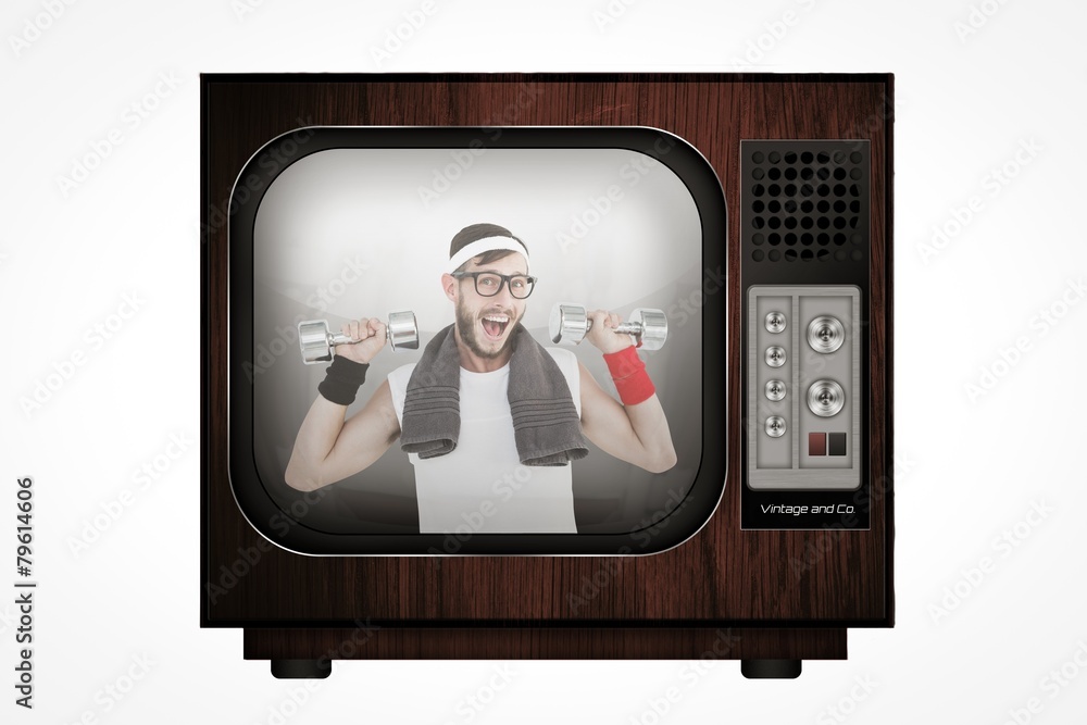 Aufkleber composite image of geeky hipster lifting dumbbells in sportswear