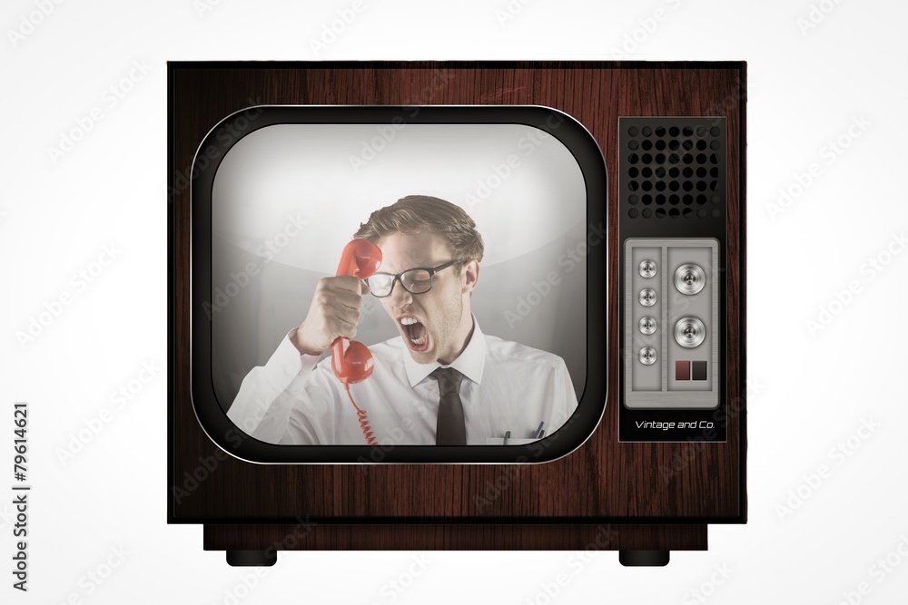 Poster composite image of angry geeky businessman holding telephone
