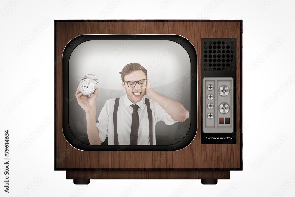 Poster Composite image of geeky businessman holding alarm clock