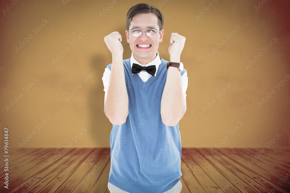 Poster Composite image of geeky hipster cheering at camera