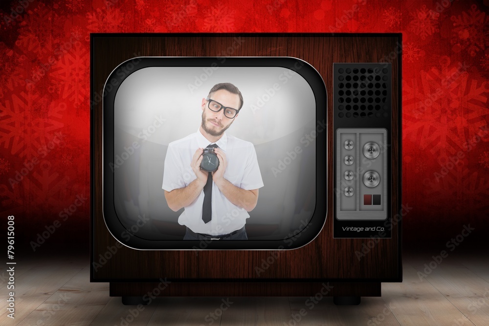 Aufkleber composite image of geeky businessman holding alarm clock