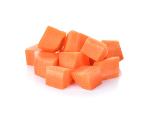 Diced carrots on white background.