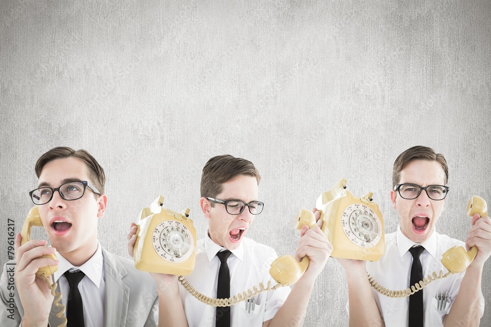 Poster composite image of nerdy businessman with phone