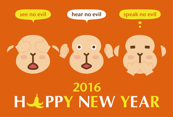 年賀状2016　三猿　happy new year