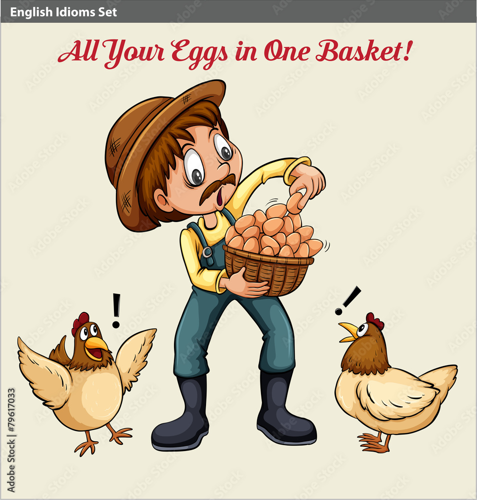 Sticker English idiom showing a farmer holding a baske of eggs