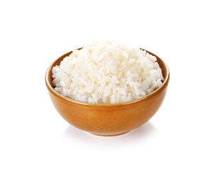 Rice in a bowl on a white background