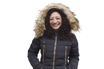 smiling woman with coat