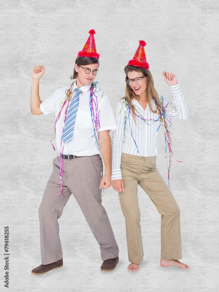 Poster composite image of happy geeky couple dancing