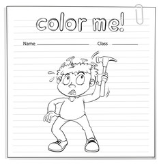 Coloring worksheet with a boy holding a hammer