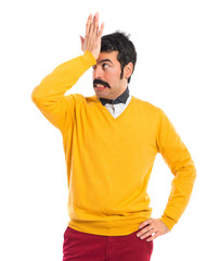 Man with moustache having doubts
