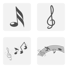 monochrome icon set with notes and treble clef
