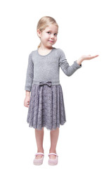 Beautiful little girl presenting something on her hand isolated