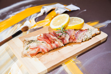 Fish dish - Fried trout fish with bacon