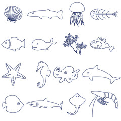 fish and sea life outline icons set eps10