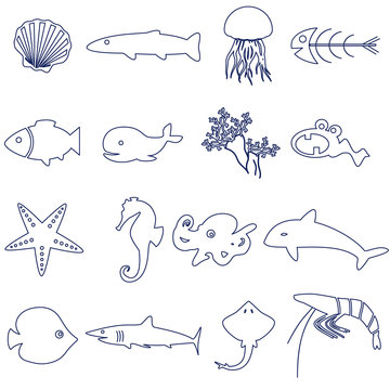 fish and sea life outline icons set eps10