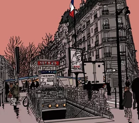 Poster View of a street in Paris with metro station © Isaxar