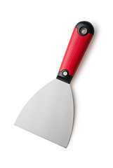 Metal spatula with a red handle on a white background