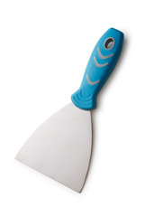 Metal spatula with a blue handle on a white background
