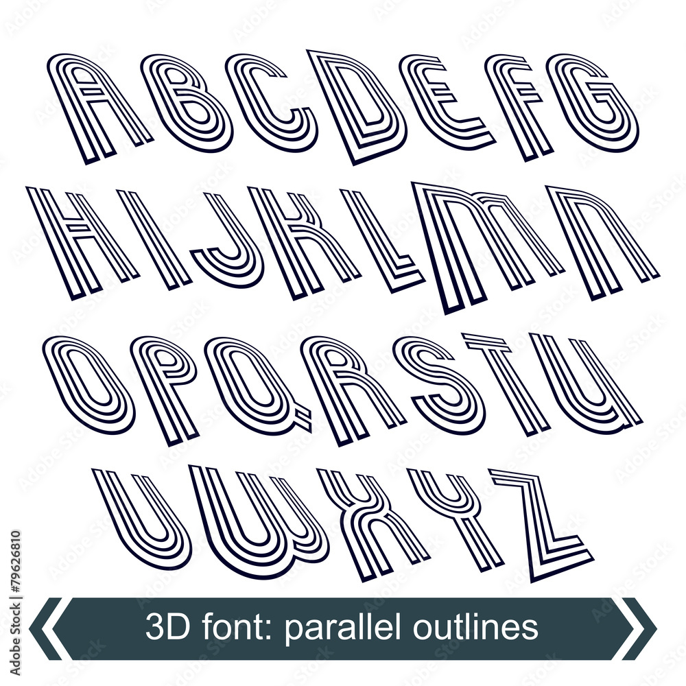 Fototapete 3d retro typeset with lines in rotation, vector uppercase callig