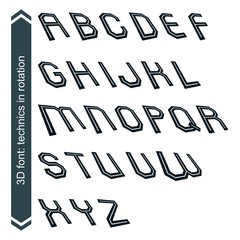 Geometric retro style graphic font in rotation, vector alphabet.