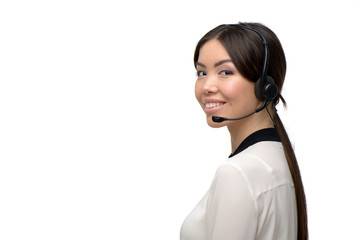 Asian call center female operator with headphones