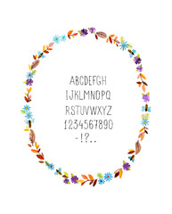 Watercolor floral frame with alphabet. Vector illustration