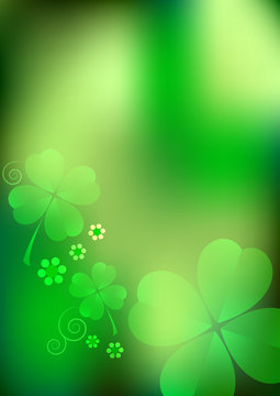 Card on Patrick's Day. March 17. Blurred background with clover